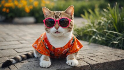 Happy smile kitty Cat wear sunglasses with summer season costume isolated on background, pets...