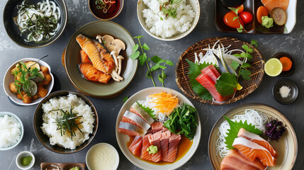 Asian food set top view. Asian food frame. Dinner party. salmon, tuna, rice, 
