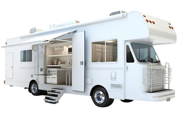 A white RV with a kitchen and a bathroom. The kitchen has a sink and a refrigerator