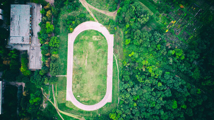 old football stadium photographed from a drone