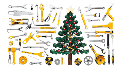 tree tools made construction symbolic illustration black background render christmas 3d 2023 abstract banner bolt builder building calendar card carpenter celebration company congratulation creative