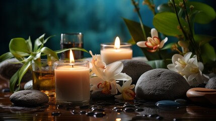 Spa composition with candels and stones. Aromatherapy items. Set up with essential oils. Aroma candles in jungle spa. Spa accessory composition set in spa hotel. Spa products conception