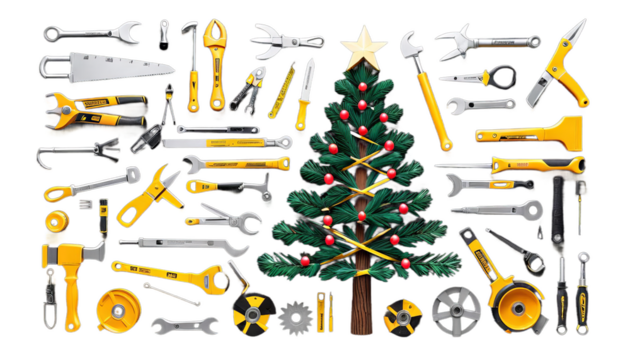 tree tools made construction symbolic illustration black background render christmas 3d 2023 abstract banner bolt builder building calendar card carpenter celebration company congratulation creative