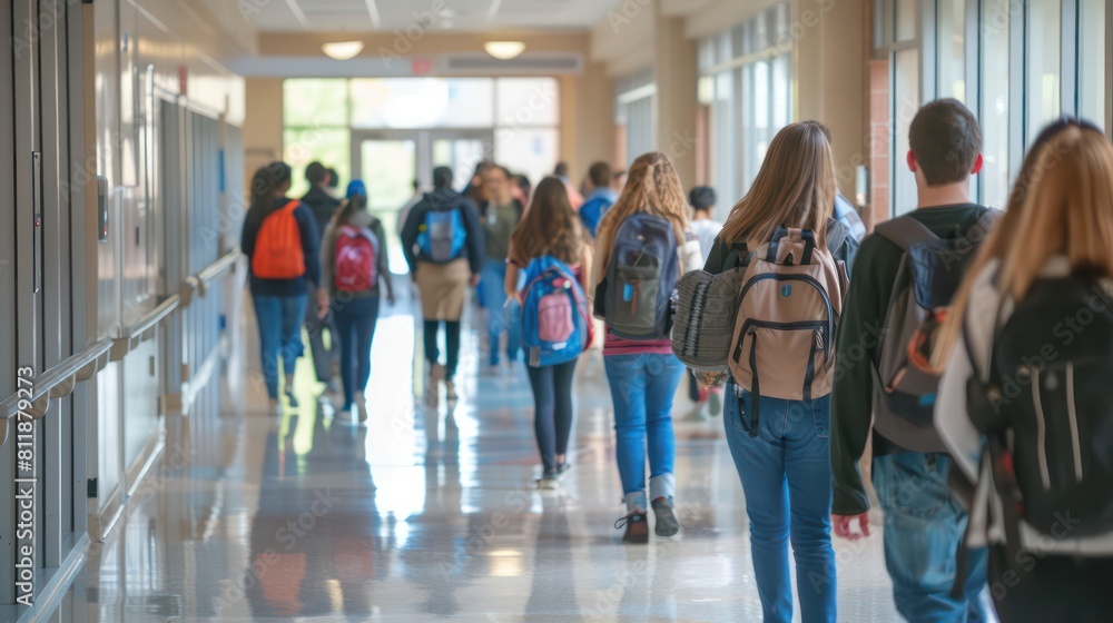 Wall mural Students walking down the hallway between classes. 