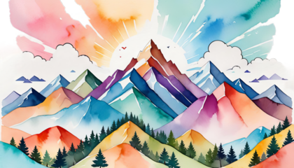 watercolor painting mountain tree colorful landscape background abstract peak illustration colours forest blue nature sky water drawing art hill white artwork natural artistic travel vignetting view
