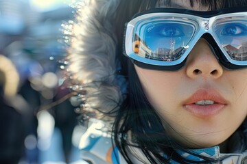A close up portrait of a young woman wearing futuristicHua Xue goggles with the reflection of a city in the lenses. AIG51A.