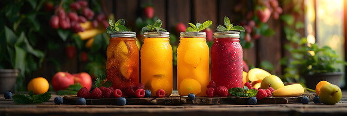 fruit juice canisters in various colors and sizes are arranged on a wooden table next to a potted...