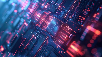 Fototapeta premium Futuristic Digital Circuit Board with Red and Blue Lights 