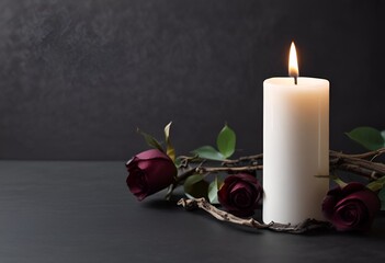 dark purple roses and burning white candle on black background for obituary notice, funeral announcement, necrology