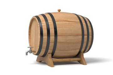 Wooden barrel with metal rings on white