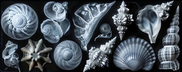 An Xray scan of a diverse collection of sea shells, displaying a range of sizes and intricate shapes