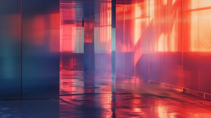 Abstract glass background in interior with reflections of red and blue light
