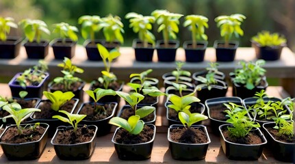 seedlings for a vegetable garden in a greenhouse, growing seedlings at home. variety of flower...