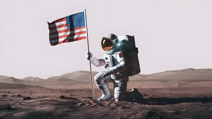 Astronaut planting a flag on a distant planet