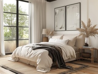 A bedroom with a white bed, a white comforter, and a white blanket