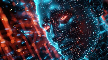 Futuristic Artificial Intelligence Face with Digital Matrix Background
