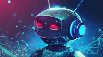 A futuristic robot, a chat bot with neon lights against the backdrop of the digital web
