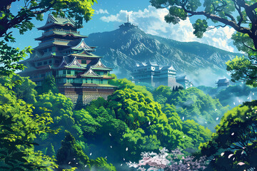 Traditional Japanese Landscape: Secluded Castle amidst Lush Forest