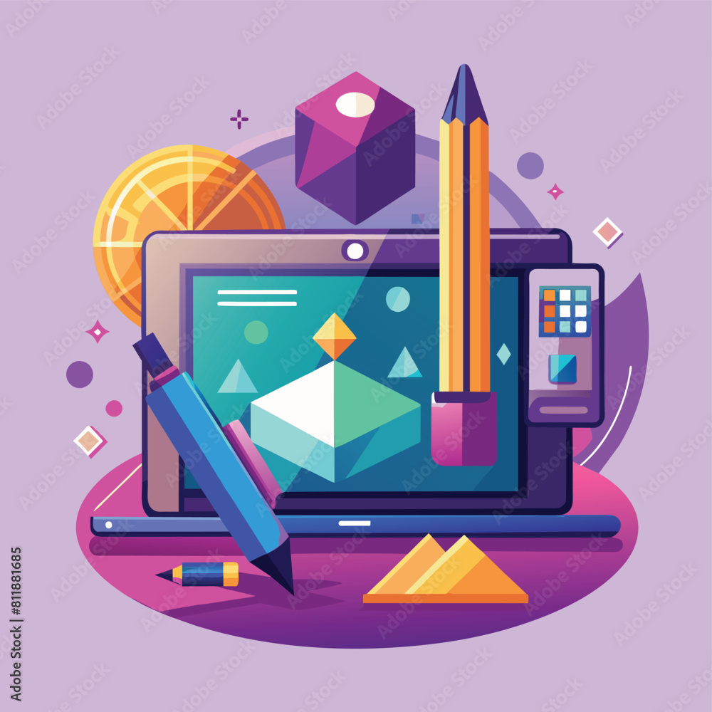 Poster digital art creation. graphic tablet and stylus with creative software interface. design technology 