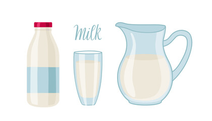 Milk in different containers. Jug, bottle, glass of milk. Kitchen utensils. Vector illustration isolated on white background. Elements for Dairy Design, Farm Logo, Grocery Store, Healthy Eating.