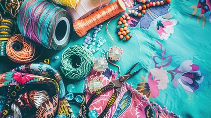 A textile table is decorated with yarn, beads, scissors, and flowers. The aqua, electric blue, and...