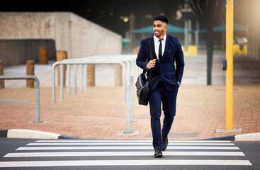 Businessman, walking and commute with city, bag and work for travel in street with smile. African...