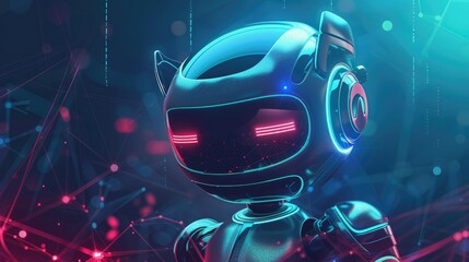 A futuristic robot, a chat bot with neon lights against the backdrop of the digital web
