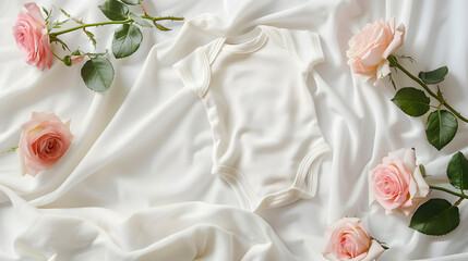 Fototapeta premium white baby body mockup no text no image, pink roses on a simple flatlay background