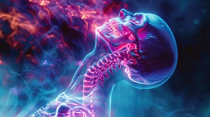 A medical Xray image illustrating the upper spines influence on migraines, with neon synthwave overlays that enhance visibility and detail for clinical assessment