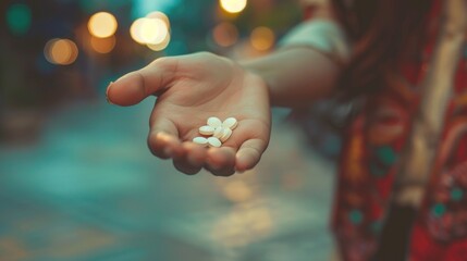 A woman holding drugs in her hand symbolizes the World Drug Day concept and the International Day against Drug Abuse and Illicit Trafficking