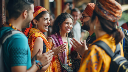 In a heartwarming display of cultural diversity, travelers from around the world greet each other with traditional gestures of welcome and respect, their faces alive with curiosity