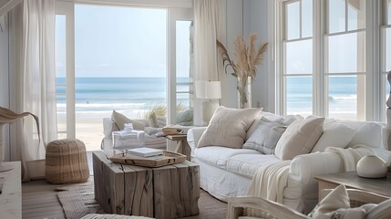 Tranquil coastal retreat living room with panoramic ocean views, showcasing a linen slipcovered sofa, driftwood accents, and a soothing color palette inspired by the sea for ultimate relaxation