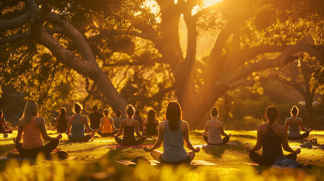 Amidst the golden light of sunset, a diverse group of people gathers in the park to practice yoga, their bodies grounded and connected to the earth, their spirits lifted by the bea