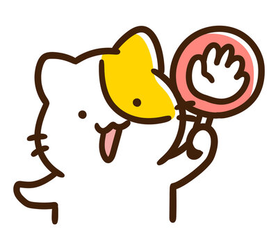 じゃんけんのパーを出すかわいいねこのキャラクターのデフォルメイラスト