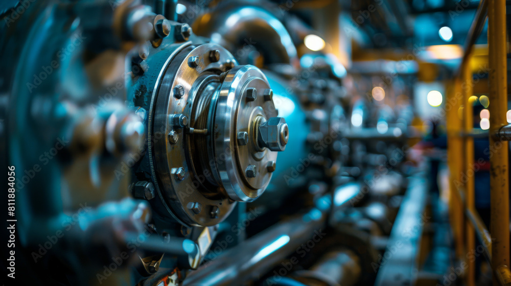 Poster close-up shot of a complex industrial machine component with a focus on gears and metallic textures.