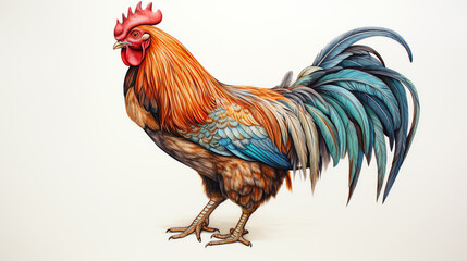 Fototapeta premium A majestic rooster stands tall, its vibrant feathers glistening in the sunlight