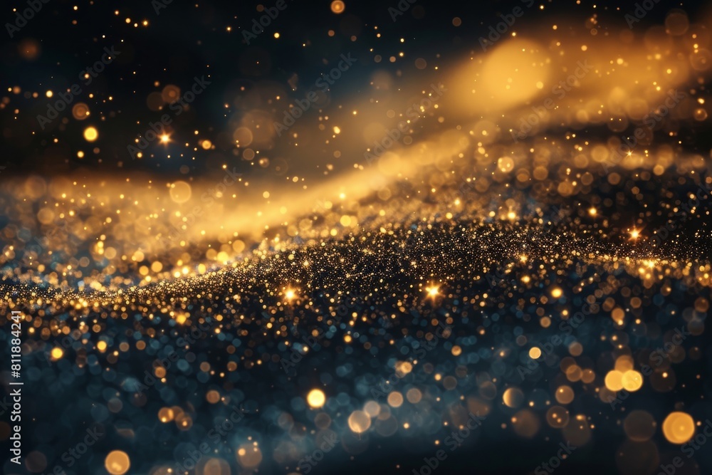 Poster golden specks create a dazzling backdrop, with shimmering dust particles and bursts of light against