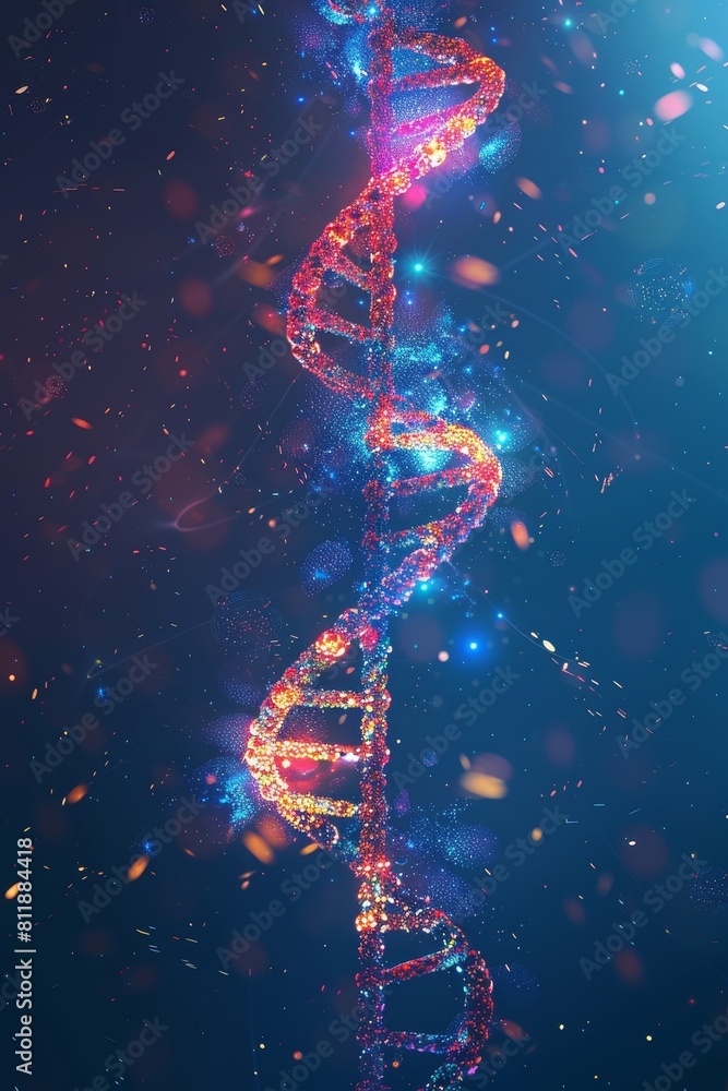 Aufkleber glowing double helix dna strand with sparkling particles for genetics and life backdrop