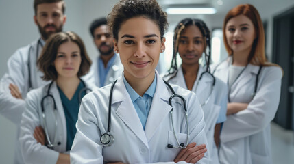 A group of confident doctors and medical staff stand shoulder to shoulder, wearing white coats and stethoscopes, their expressions determined and compassionate as they symbolize un