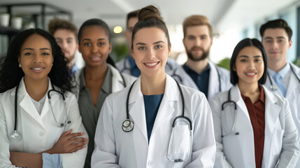 A group of confident doctors and medical staff stand shoulder to shoulder, wearing white coats and stethoscopes, their expressions determined and compassionate as they symbolize un