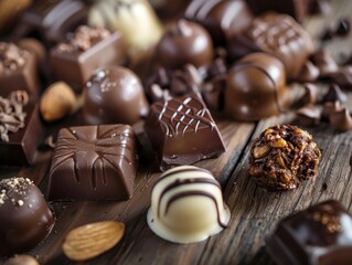 A moody, atmospheric closeup of assorted artisan chocolates, featuring rich textures and intricate toppings, displayed on a rustic wooden background to enhance their gourmet appeal.