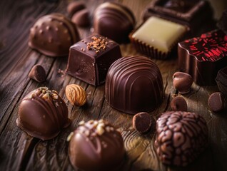 A moody, atmospheric closeup of assorted artisan chocolates, featuring rich textures and intricate toppings, displayed on a rustic wooden background to enhance their gourmet appeal.