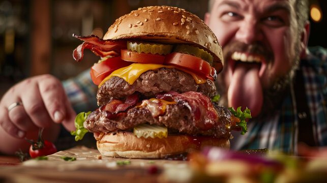 A big obese man with crazy eyes and sticking out his tongue is looking at a huge delicious cheeseburger with a lot of filling. The concept of obesity