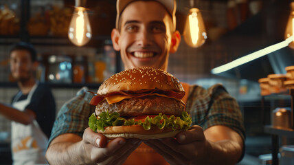 A happy male waiter or cook holds in front of him in his hands a large delicious mouth-watering hamburger with cheese, bacon, herbs and tomatoes - Powered by Adobe