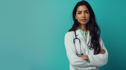 Radiating confidence, a young female doctor stands tall in her white coat, stethoscope draped around her neck, her gaze steady and determined against a serene turquoise backdrop, e