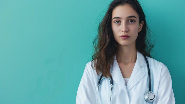 Radiating confidence, a young female doctor stands tall in her white coat, stethoscope draped around her neck, her gaze steady and determined against a serene turquoise backdrop, e