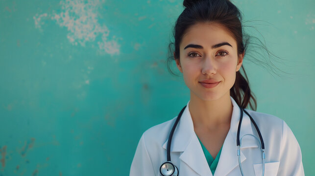 With determination in her eyes, a young female doctor stands confidently in her white coat, stethoscope at the ready, against a backdrop of calming turquoise, her unwavering commit