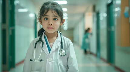 Against the backdrop of a hospital corridor, a kid stands proudly in a doctor's uniform, stethoscope in hand, their dream of a future career in medicine coming to life amidst the c