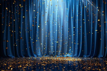 Bright blue curtain serves as the backdrop for the golden confetti raining down in a vector illustration.