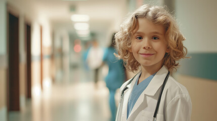 Fototapeta premium Against the backdrop of a hospital corridor, a kid stands proudly in a doctor's uniform, stethoscope in hand, their dream of a future career in medicine coming to life amidst the c